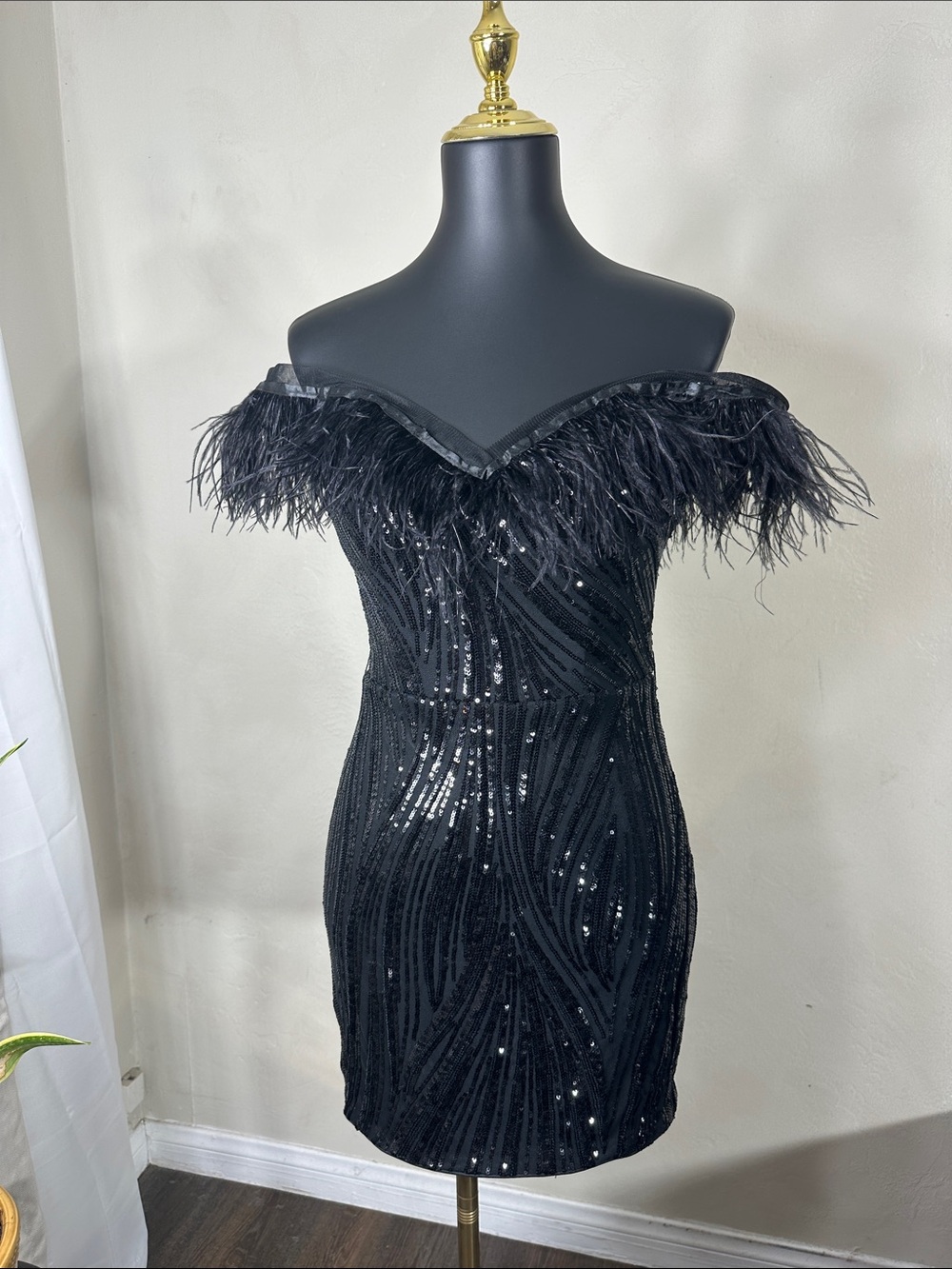 Off the Shoulder couture Black Sequin Feather Mini Dress
